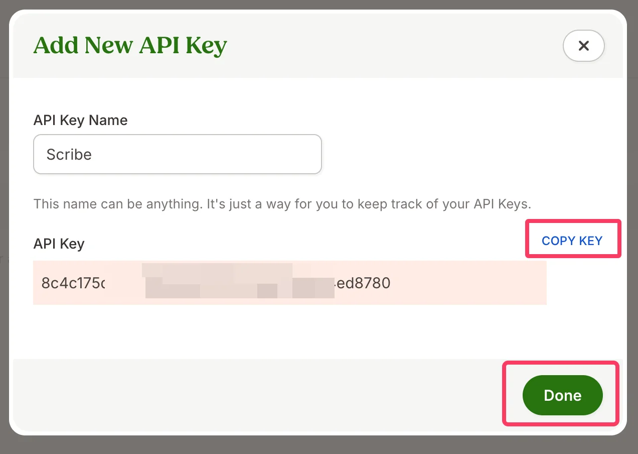 Skopiuj wygenerowany klucz API i wklej go w polu BambooHR API key w Scribe, a następnie kliknij "Done"