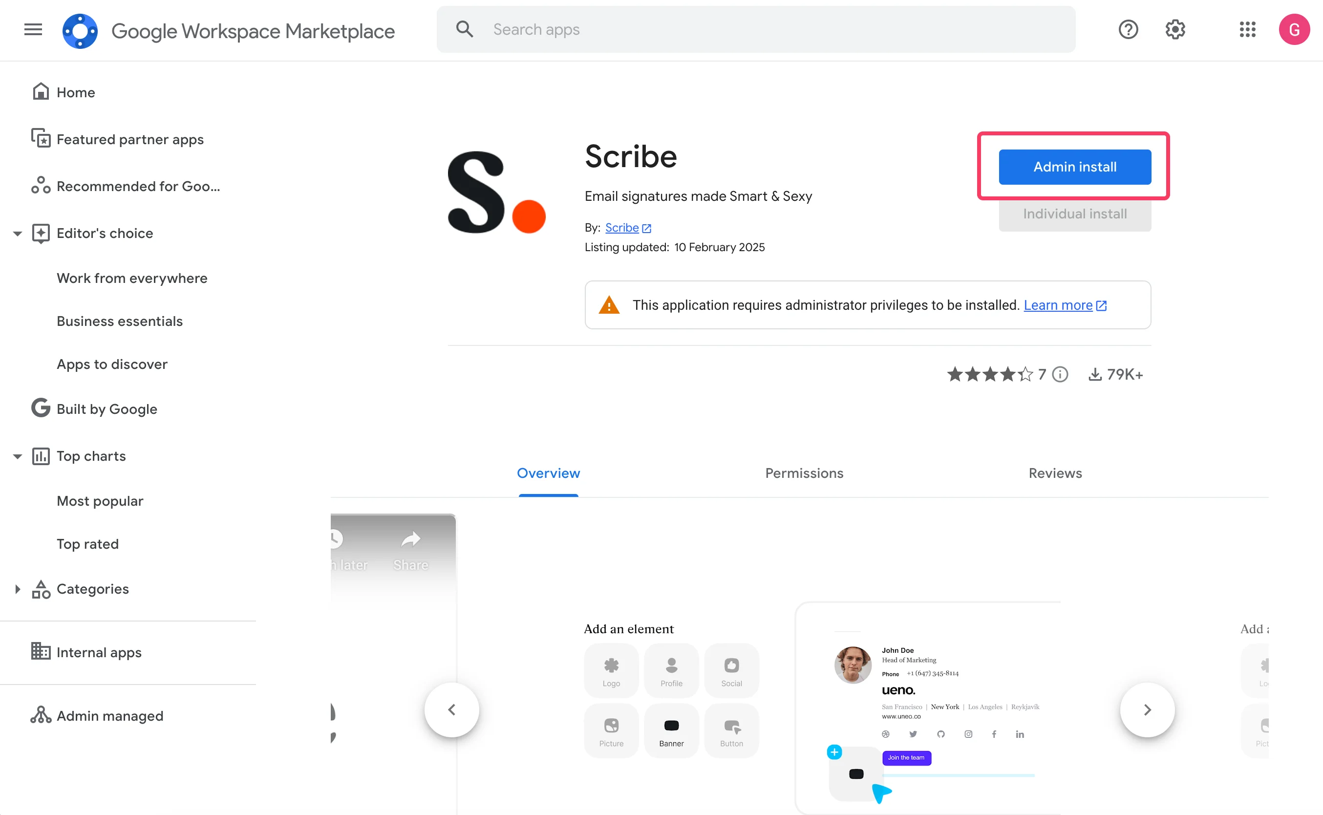 W Google Workspace Marketplace kliknij "Install"