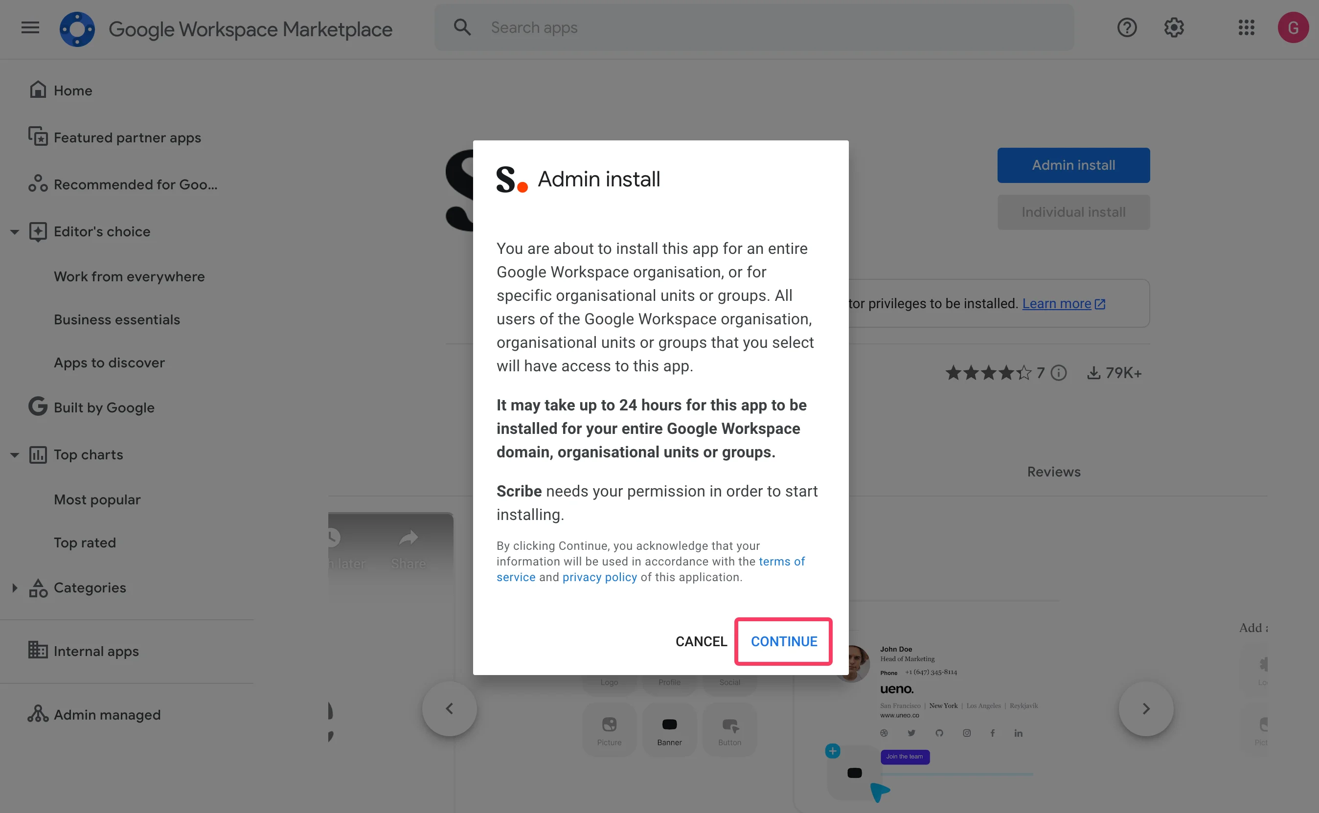 Kliknij "Continue" w oknie "Admin install"