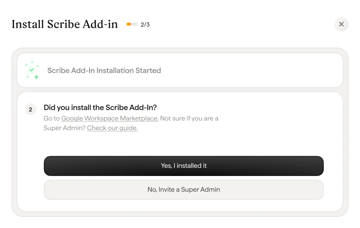 W Scribe potwierdź weryfikację dodatku, klikając "Yes I installed it"
