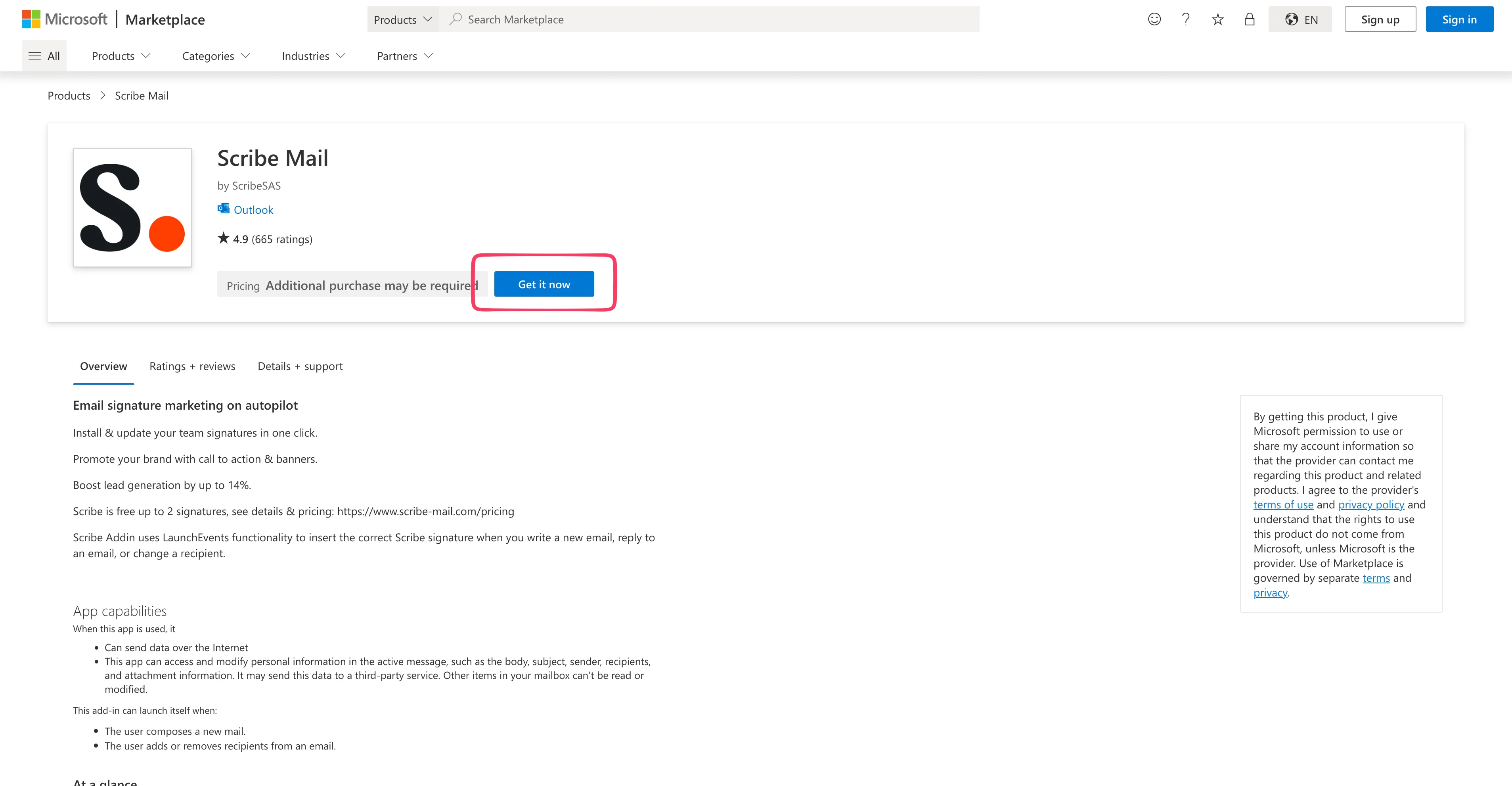 W Microsoft App Source kliknij "Get it now"