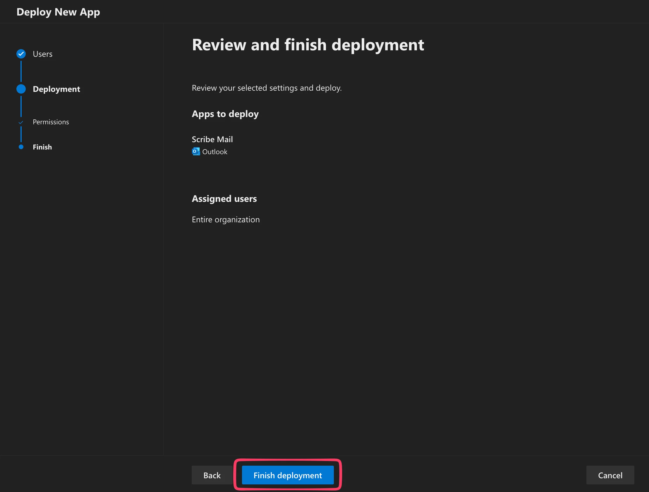 Kliknij "Finish deployment"