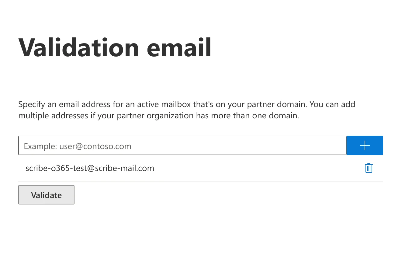 Wprowadź "scribe-o365-test@scribe-mail.com" jako testowy adres e-mail i rozpocznij walidację.