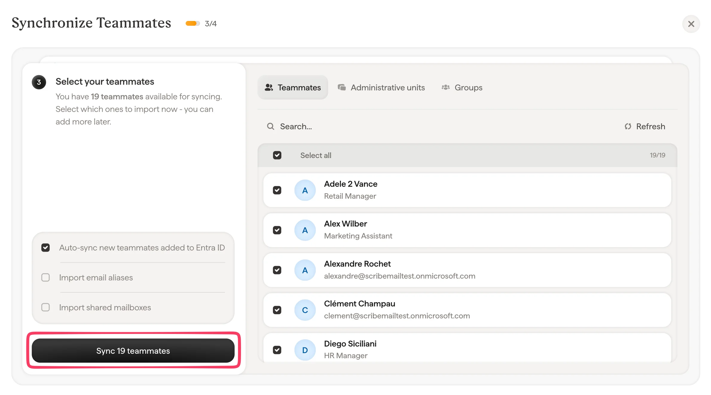 Sélectionnez les collaborateurs à synchroniser avec Scribe