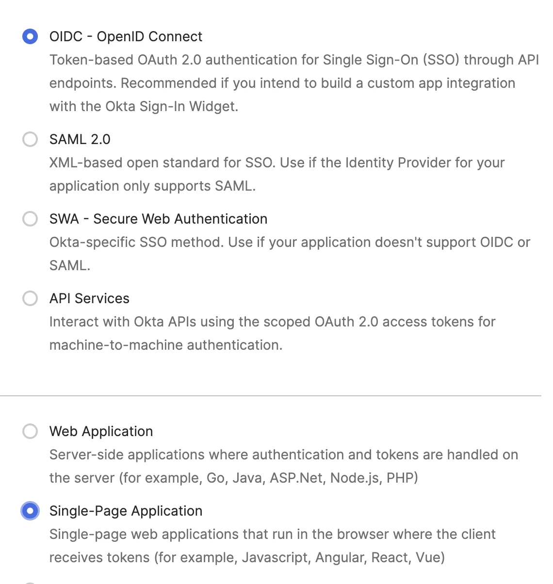 Wybierz 'OIDC - OpenID Connect' oraz 'Single-Page Application', a następnie kliknij 'Next'.