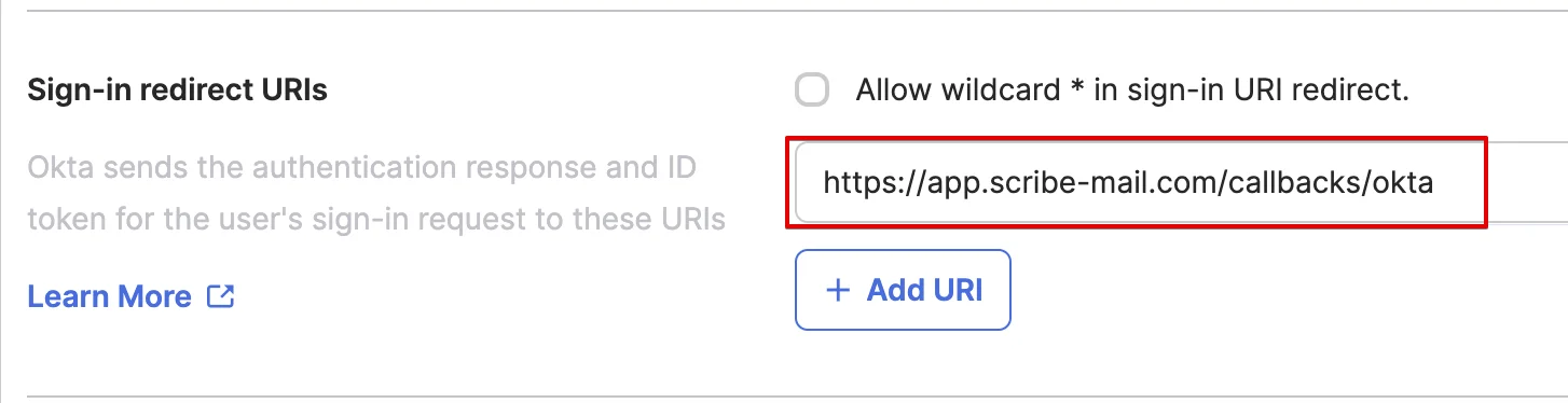 W sekcji 'Sign-in redirect URIs' skopiuj wartość callback Scribe
