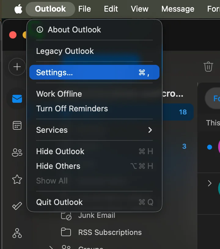 Uruchom Outlook Mac i przejdź do ustawień