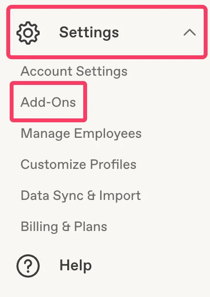 Ve a tu cuenta de Pingboard y selecciona 'Settings' > 'Add-Ons'.