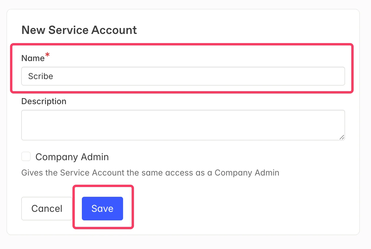 Asigna un nombre a la clave de tu Service Account y haz clic en 'Save'