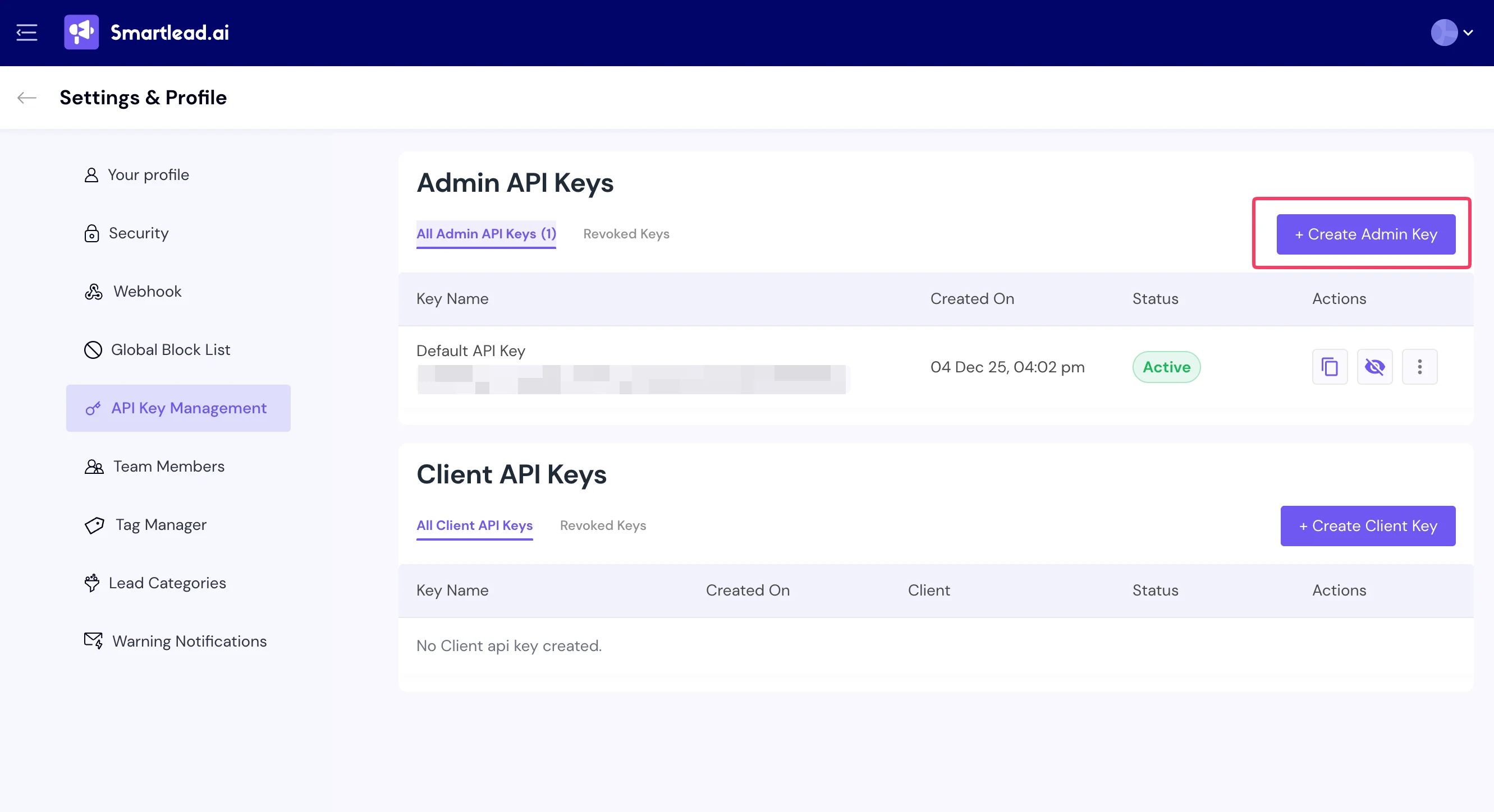 Następnie kliknij "Create Admin Key"